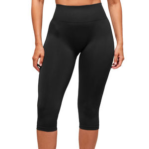 Leggings Capri taille haute pour femmes, noir uni, tricoté, extensible, en spandex et nylon, sportif, toutes saisons - Product Image 1