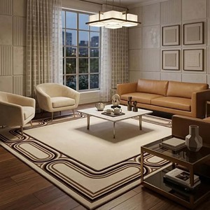 Solid Abstract Hand Tufted Rug Modern Wavy Border Area Rug Cream Brown Woolen Carpet Luxury Office Floor Decor Soft PET Friendly - Product Image 1