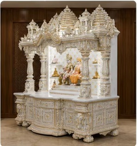 Mandir traditionnel en teck à l'aspect marbre, qualité supérieure, blanc et or, grande taille, sculpté à la main, Pooja Ghar en teck. - Product Image 2