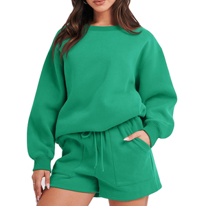 Conjunto de 2 Piezas Personalizado para Mujer, Sudadera Asimétrica con Cuello Redondo y Pantalones Cortos, Ecológico, Transpirable, Spandex/Poliéster, Verano - Product Image 1