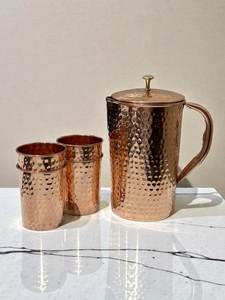 Copper Hammered Pitcher with Lid and Two Matching Cups Vintage Style Drinkware Set for Home Use - Product Image 6