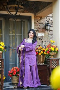 Classic Heavy Silk Crepe <b>Kurti</b> Bottom Dupatta Set Enhanced With Decorative Sequence Coding Embroidery design traditional wear - Product Image 3