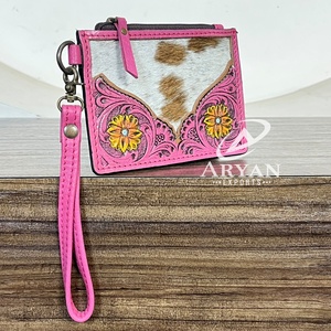 Handmade Tooled Genuine Cowhide Leather Zipper Mini <b>Wallet</b> Floral Carving Coin & ATM <b>Card</b> Holder Wristlet Clutches For <b>Women</b> - Product Image 1