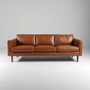 Elegante Sofá de Cuero Color Coñac de 3 Plazas, Estilo Moderno de Mediados de Siglo, Estructura de Madera Sólida, Mueble Cómodo para Sala de Estar - Product Image 1