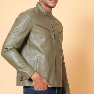 Men's Olive Green Genuine Leather <b>Waterproof</b> Eco-Friendly Moto <b>Jacket</b> Stand Collar Zipper Closure Slim Fit Solid Color Autumn - Product Image 4