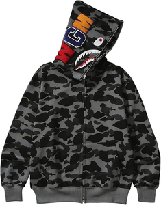 Camouflage Shark Tooth Zip Hoodie Unisex Eco-Friendly Winter Embroidered Letter Patch Front Pocket Streetwear 100% Cotton Fleece - Product Image 1