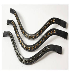 Bande de front de cheval en cuir de grain supérieur en forme de vague en cuir de qualité supérieure de finition noire avec des pierres décoratives bleues et dorées - Product Image 5