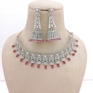 RAY FINE ORNATES 22K Gold Plated <b>Ruby</b> Pink CZ Bezel Setting <b>Necklace</b> Set IGI Certified Vintage Indian Bridal Wedding Jewelry - Product Image 3