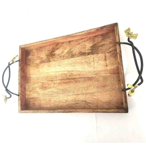 Plateau de service pour thé, café et biscuits, en bois naturel antique avec poignée en métal, pour la maison et la cuisine, en promotion - Product Image 3
