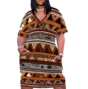 Vestido midi con estampado geométrico y cuello en V para mujer, vestido holgado de manga corta con estampado tribal africano, vestidos Dashiki de poliéster tejido - Product Image 1