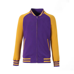 Chaqueta Varsity Morada y Dorada para Hombre, con Cierre Frontal, Bloques de Color, Estilo Béisbol Casual, Cuello Alto, Corte Regular, Material de Felpa - Product Image 1