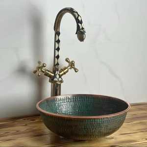 Antique Green Patina Copper Basin <b>Round</b> Hammered Vessel Sink with <b>Swing</b> Handle Rustic Farmhouse Copper Washbowl Plumbing Tool - Product Image 5
