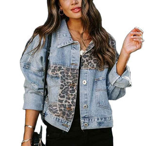 Women's Leopard Print Patch Work <b>Denim</b> Jacket Light Blue Distressed Patchwork Design Long Sleeve Casual <b>Coat</b> - Product Image 1
