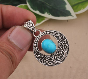 Colgante de Turquesa Natural Vintage, Plata de Ley 925, Chapado en Platino, Collar con Piedra Preciosa Azul, Joyería Fina Unisex, Regalo Hecho a Mano - Product Image 3