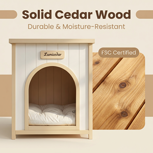 Maison pour animaux de compagnie en bois de cèdre massif moderne, couleur blanc crème et jaune clair, pour petits chiens et chats, meubles de salon - Product Image 4
