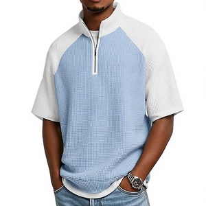 Men's New Summer <b>Waffle</b> Knit POLO <b>Shirt</b> Casual Loose Fit Breathable Short Sleeve Zipper Half-Open Placket Color Block Patchwork - Product Image 1