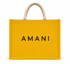 Sac de shopping en jute Amani, moyen, jaune, imprimé lettres, avec poignées en corde, idéal pour la plage, les mariages, les courses et l'usage quotidien - Product Image 1