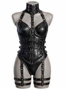 Corset en cuir pour femme avec harnais et jarretelles, fermeture à agrafes, gaine sculptante à maintien ferme, style adulte - Product Image 3