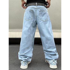 2025 pantalones vaqueros holgados lavados a la piedra para hombre, pantalones vaqueros ajustados de retazos con flores y bordados de margaritas, pantalones vaqueros patinadores de pierna ancha, técnica de pulverización, Hip Hop - Product Image 1