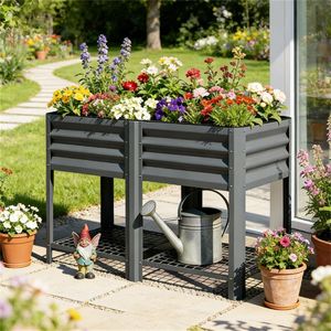 Fioriera Rialzata Grigio Scuro e Scaffale Porta Piante per Esterni - Soluzione Elegante per Giardino e Stoccaggio - Product Image 4