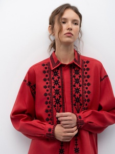 Camisa de lino rojo con una flor de algodón puro bordada Top de túnica de verano bordada Top manga completa para mujeres y niñas - Product Image 2