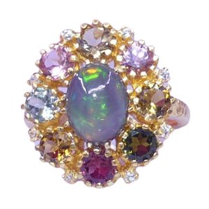 Vintage Classic 22k <b>Gold</b> Plated Channel Setting Gemstone <b>Opal</b> Cluster Cocktail <b>Ring</b> Crown Design Women's Wedding Engagement Gift - Product Image 4