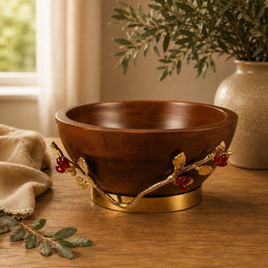 Bol à salade en bois poli antique avec support décoratif en baies rouges, fait main, écologique, pour la maison, l'hôtel et les mariages - Product Image 5