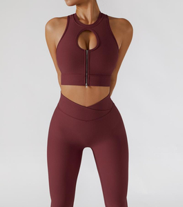 Ensemble de sport côtelé pour femme, legging taille haute et brassière de sport zippée, deux pièces sans couture, pour yoga, gym et fitness - Product Image 3
