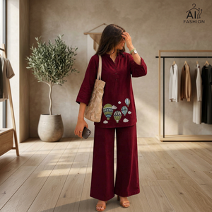 Ensemble Kurta en coton bordeaux pour femme avec broderie montgolfière – Tenue décontractée printemps-été pour le quotidien - Product Image 2