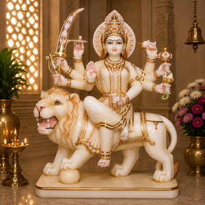 White Marble Durga Maa Statue Riding Lion | Handcrafted Multi-Armed Durga Mata Murti by MALIYAS Jaipur India - Product Image 1