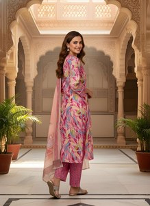 Conjunto de traje de mezcla de algodón rosa premium, kurta recta con cuello en V, pantalón parcialmente elástico con bolsillo, solo venta al por mayor - Product Image 4