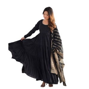 NEW LAUNCHING SALWAR <b>KURTA</b> WITH DUPATTA IN BLACK COLOUR PRINTED FULL FLAIR FROCK TYPE LEHERIYA DUPATTA - Product Image 1