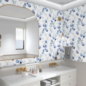 Papel Tapiz Autoadhesivo con Diseño Floral Azul, Papel de Contacto con Hojas Costeras en Acuarela Blanca, Mural Simple para Baño y Dormitorio, Vinilo - Product Image 5