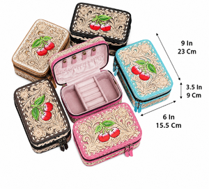 Vintage Style Hand <b>Tooled</b> Genuine Cowhide <b>Leather</b> Pretty Turquoise Jewelry Box Floral Cherry Pattern Jewelry Organizer Cases - Product Image 2