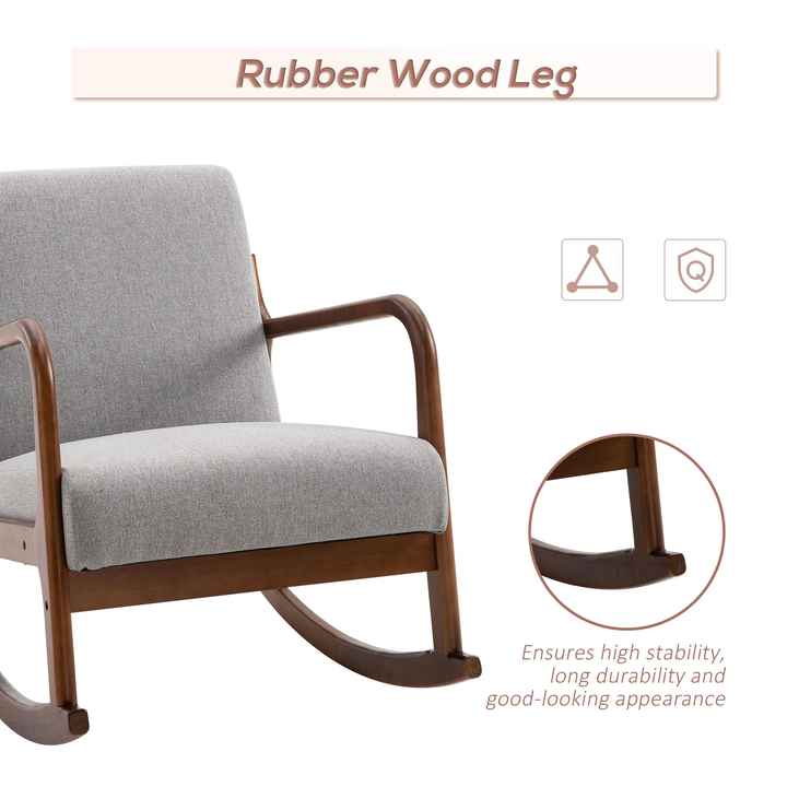 Grey Linen Fabric Rocking Armchair with Upholstered Wood Base for Living Room