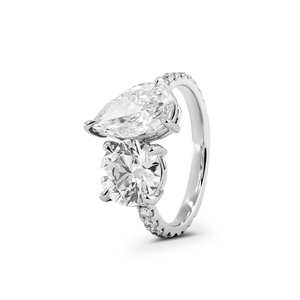 Elegant <b>Two</b> <b>Stone</b> Toi et Moi Lab Diamond <b>Ring</b> with Round Brilliant and Pear Shaped Diamond on Sparkling Pave Set 14K White <b>Ring</b> - Product Image 1