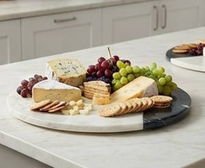 Premium Round Marble Lazy Susan <b>White</b> And Black Dual Tone Kitchen Decorative Turntable Heat Resistant Stone Platter - Product Image 3