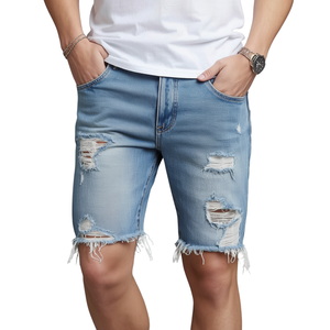 Shorts de Mezclilla Tejida para Hombre, con Rasgaduras en la Rodilla, Corte Medio, Transpirables, 100% Algodón, Diseño Liso, Servicio OEM - Product Image 4