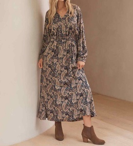 Vestido Casual Bohemio de Alta Calidad para Mujer, Largo hasta la Pantorrilla, Cuello en V, Manga con Lazos, Cintura Elástica, Diseño Favorecedor, Ecológico, ODM - Product Image 5