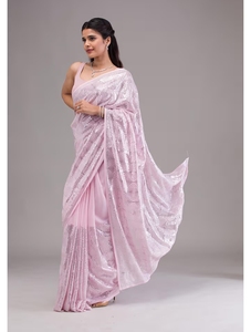 Sari traditionnel KV pour femme en georgette de rayonne à sequins, avec chemisier non cousu réversible à séchage rapide pour occasions festives - Product Image 4
