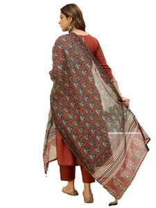 Ensemble Salwar Kameez pour femmes en soie mélangée et mousseline de soie rouge brodée, avec dupatta fleuri, style traditionnel indien pakistanais, pour l'hiver et le printemps, décontracté - Product Image 5