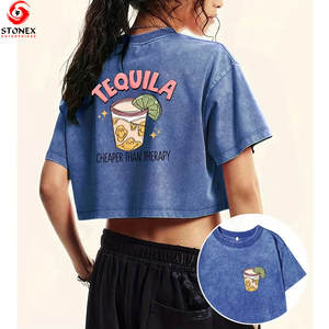 T-shirt délavé à l'acide, impression personnalisée, coton, coupe ample vintage, crop top pour femme, tee-shirt court délavé - Product Image 1