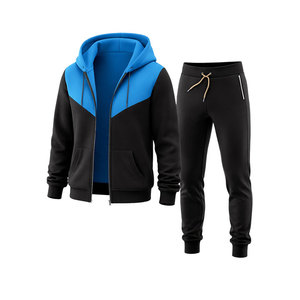 New Design Men’s Black Blue Contrast Hoodie Tracksuit Slim Fit <b>Zip</b> <b>Up</b> <b>Jacket</b> Jogger Pants Casual Sportswear Gym Fitness Set - Product Image 3