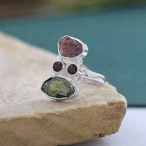 Natural Tourmaline & <b>Garnet</b> 925 Sterling <b>Silver</b> Statement <b>Ring</b> Raw Gemstone Birthstone Handmade Cocktail <b>Ring</b> - Product Image 5