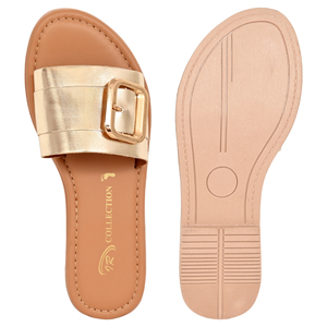 Sandalias Planas de Cuero Genuino Color Dorado Metálico con Hebilla, Punta Abierta, Sandalias de Verano para Mujer - Product Image 5
