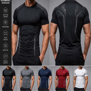 T-shirt de sport pour homme, bleu, à séchage rapide, compressif, écologique, à manches longues, imprimé, col rond, en spandex/polyester, pour la course à pied et la gym - Product Image 2