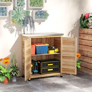 Tavolo da Preparazione per Giardino/Patio in Legno Naturale con Piano in Metallo, Doppie Ante e Ripiano - Product Image 2