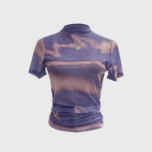 <b>Women</b> <b>Tie</b> <b>Dye</b> Crop Top Short Sleeve Turtleneck Slim Fit Knitted Custom Style Spring Summer Wear - Product Image 6