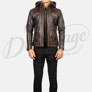 Chaqueta de Cuero Genuino Marrón Retro para Hombre con Capucha Desmontable, Chaqueta de Motero Vintage Desgastada, Corte Ajustado, Abrigo Casual de Invierno - Product Image 4