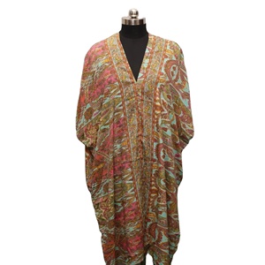 Vestido largo vintage de talla única para mujer, rosa con estampado floral, de gasa, cuello en V, manga corta, silueta holgada, con lazo cruzado. - Product Image 1